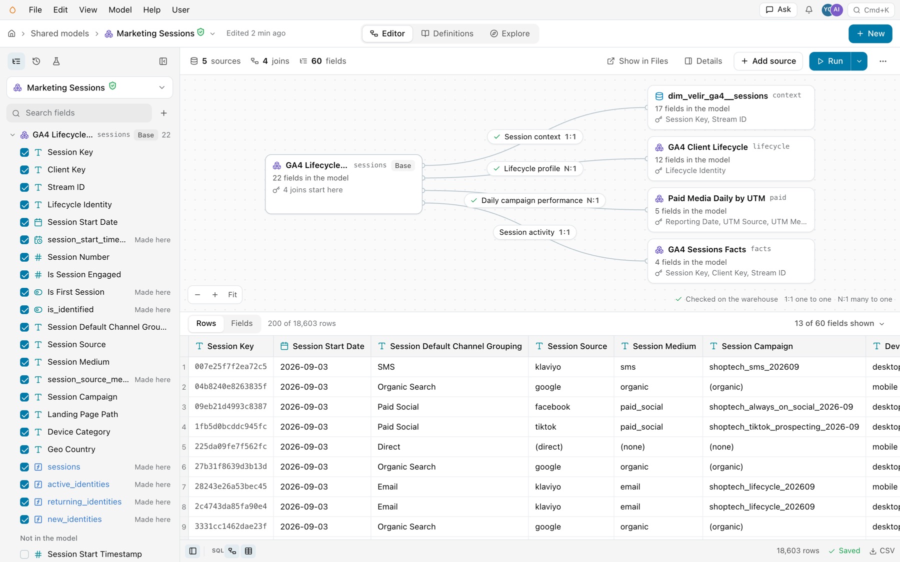 Marketing Sessions in the editor: the field list grouped by source, the toolbar with 5 sources, 4 joins and 60 fields, Show in Files, Details, Add source and Run, the joins diagram, and the Rows grid with the footer below