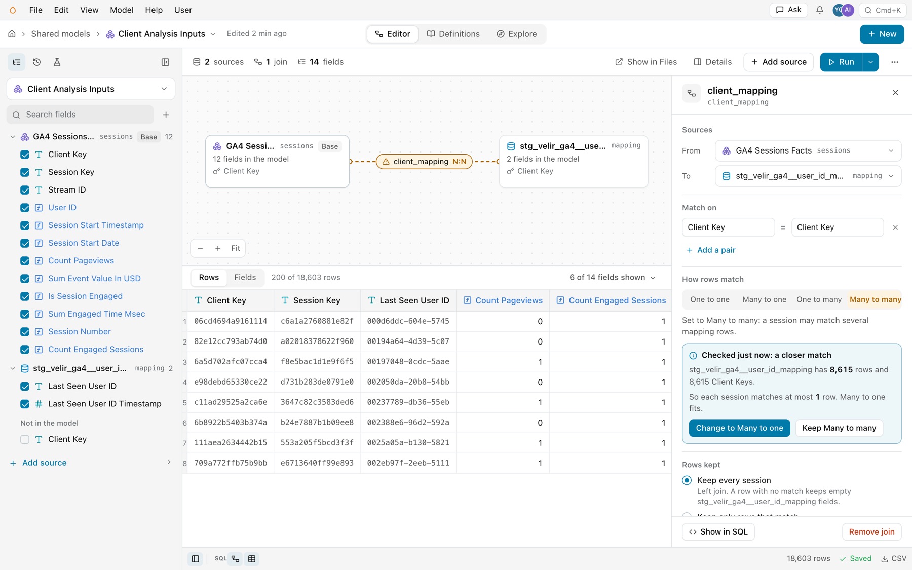 Client Analysis Inputs with its client_mapping join on a dashed amber line marked N:N. The panel shows Many to many selected and Checked just now: a closer match, with Change to Many to one and Keep Many to many