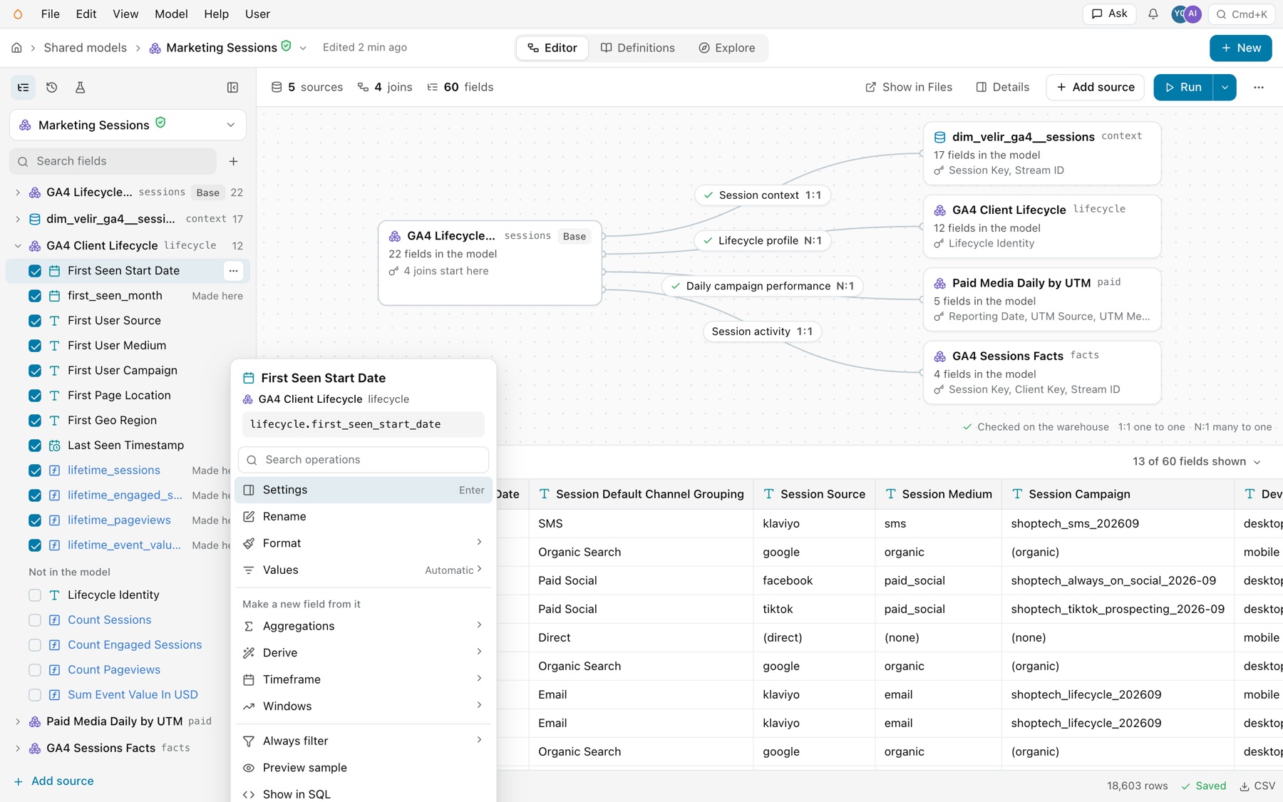 The menu on First Seen Start Date: the field, GA4 Client Lifecycle lifecycle, lifecycle.first_seen_start_date, Search operations, Settings with Enter, Rename, Format, Values Automatic, then Make a new field from it with Aggregations, Derive, Timeframe and Windows, then Always filter, Preview sample and Show in SQL