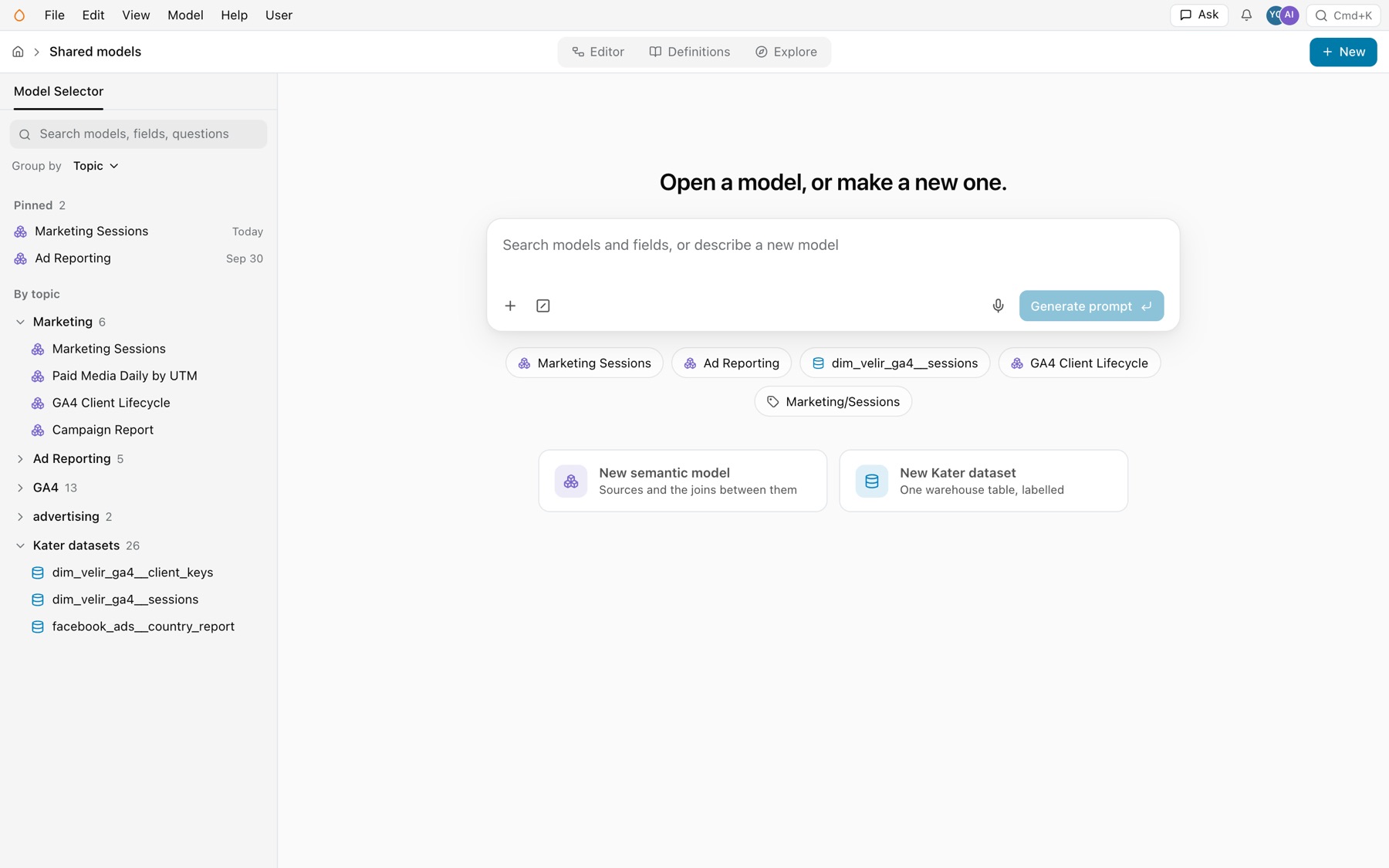 Shared models with no model open: the Model Selector with Pinned, By topic and Kater datasets at the left, and at the center the search box under Open a model, or make a new one., pills for recent models and a tag, and the New semantic model and New Kater dataset cards
