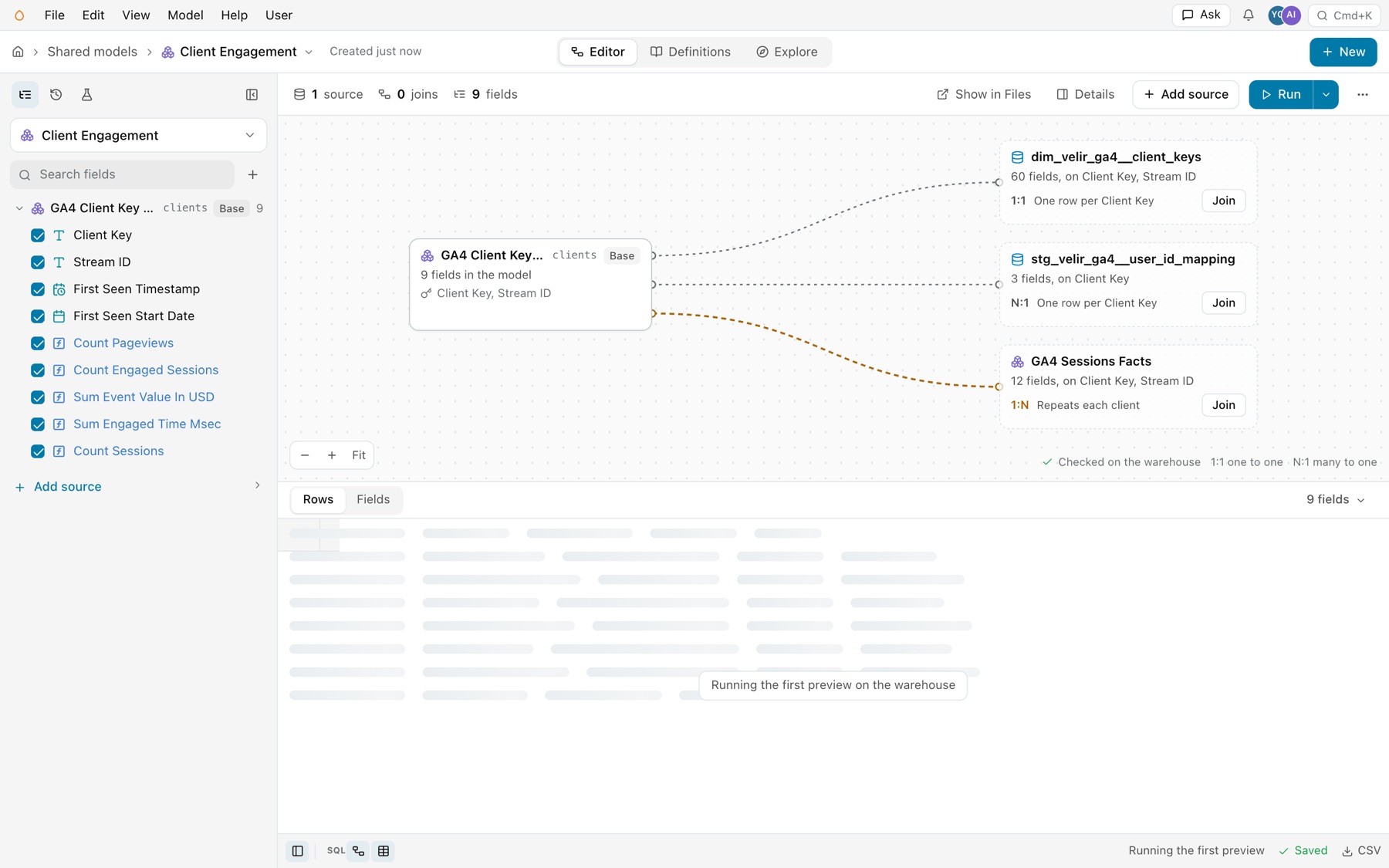 Client Engagement created just now: its base GA4 Client Key Facts with 9 fields ticked, three dashed suggested sources at the right each with Join, one marked 1:N Repeats each client, and the first preview running