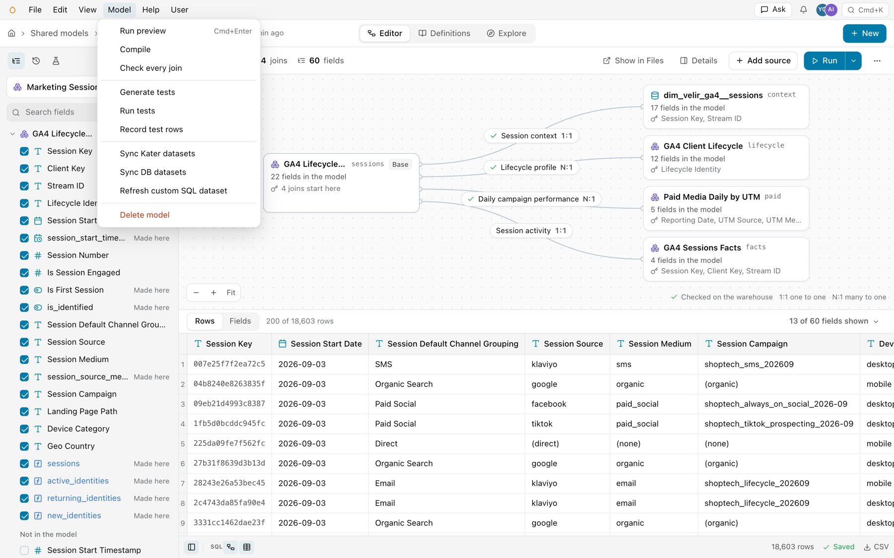 The Model menu open: Run preview with Cmd+Enter, Compile, Check every join, Generate tests, Run tests, Record test rows, Sync Kater datasets, Sync DB datasets, Refresh custom SQL dataset and Delete model