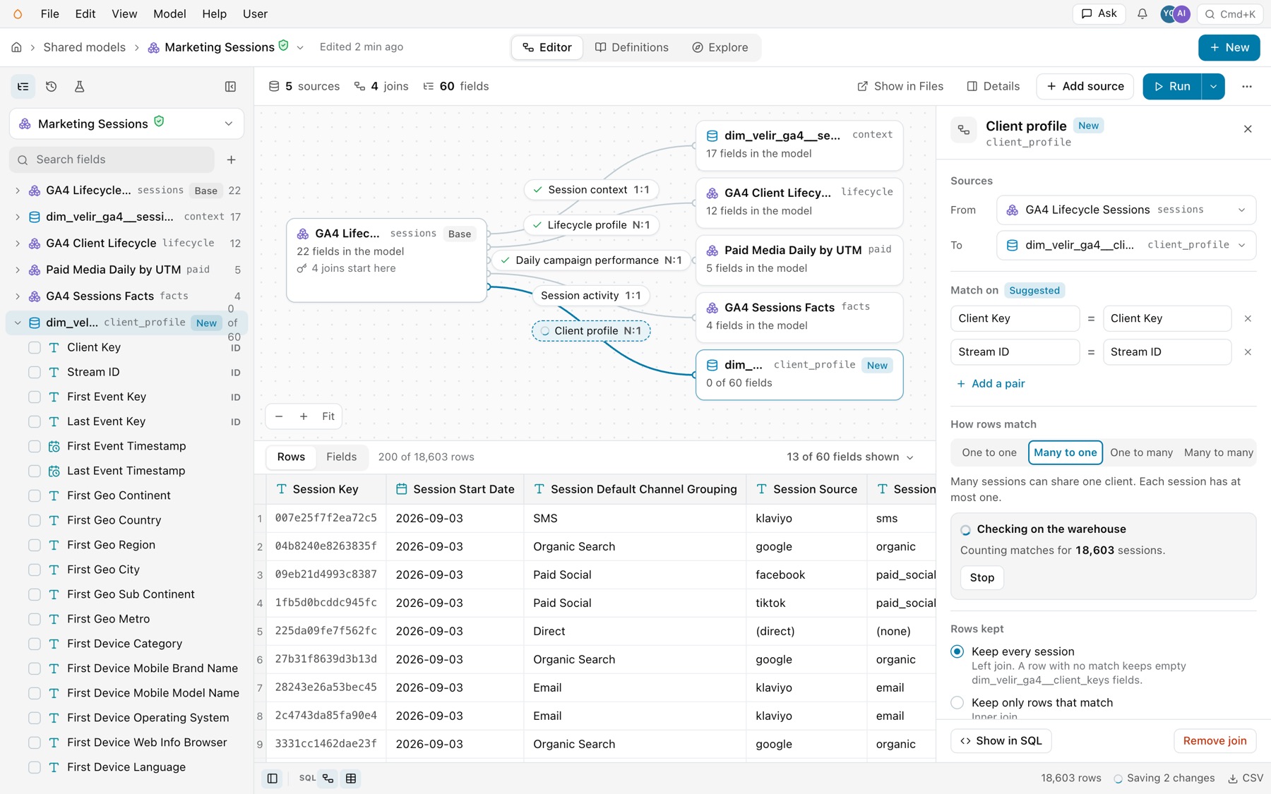 dim_velir_ga4__client_keys just added as client_profile: its card, dashed chip and folder marked New with 0 of 60 fields, and its panel with Suggested keys Client Key and Stream ID while Checking on the warehouse runs with Stop. The footer says Saving 2 changes.