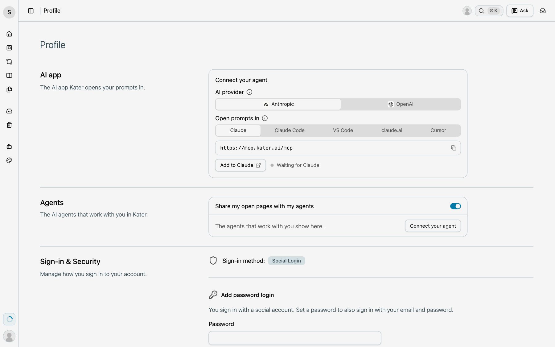Profile, AI app, with Connect your agent: Anthropic selected, the Kater MCP address and Add to Claude