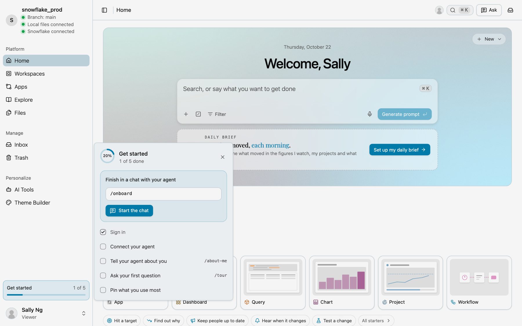 Home with Get started open at the foot of the sidebar, and Connect your agent in its list
