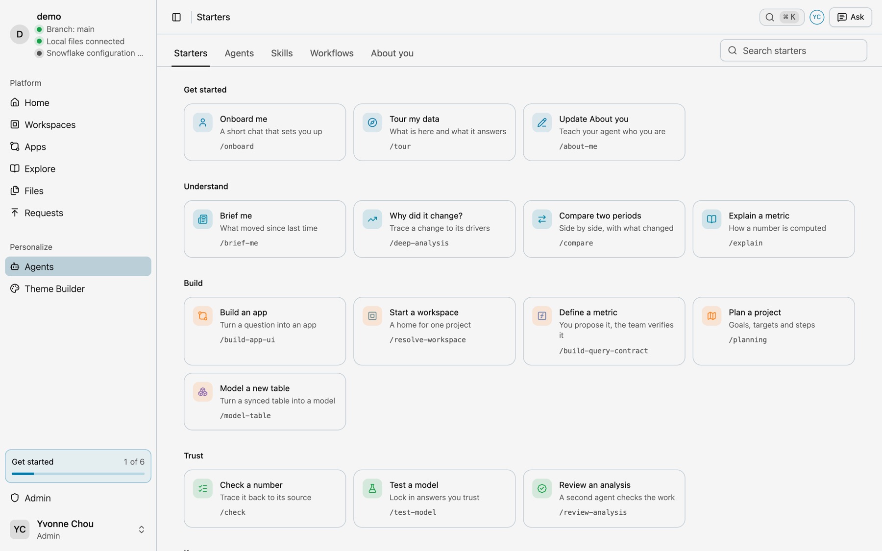 The Starters page with groups Get started, Understand, Build, Trust, Keep up and Yours