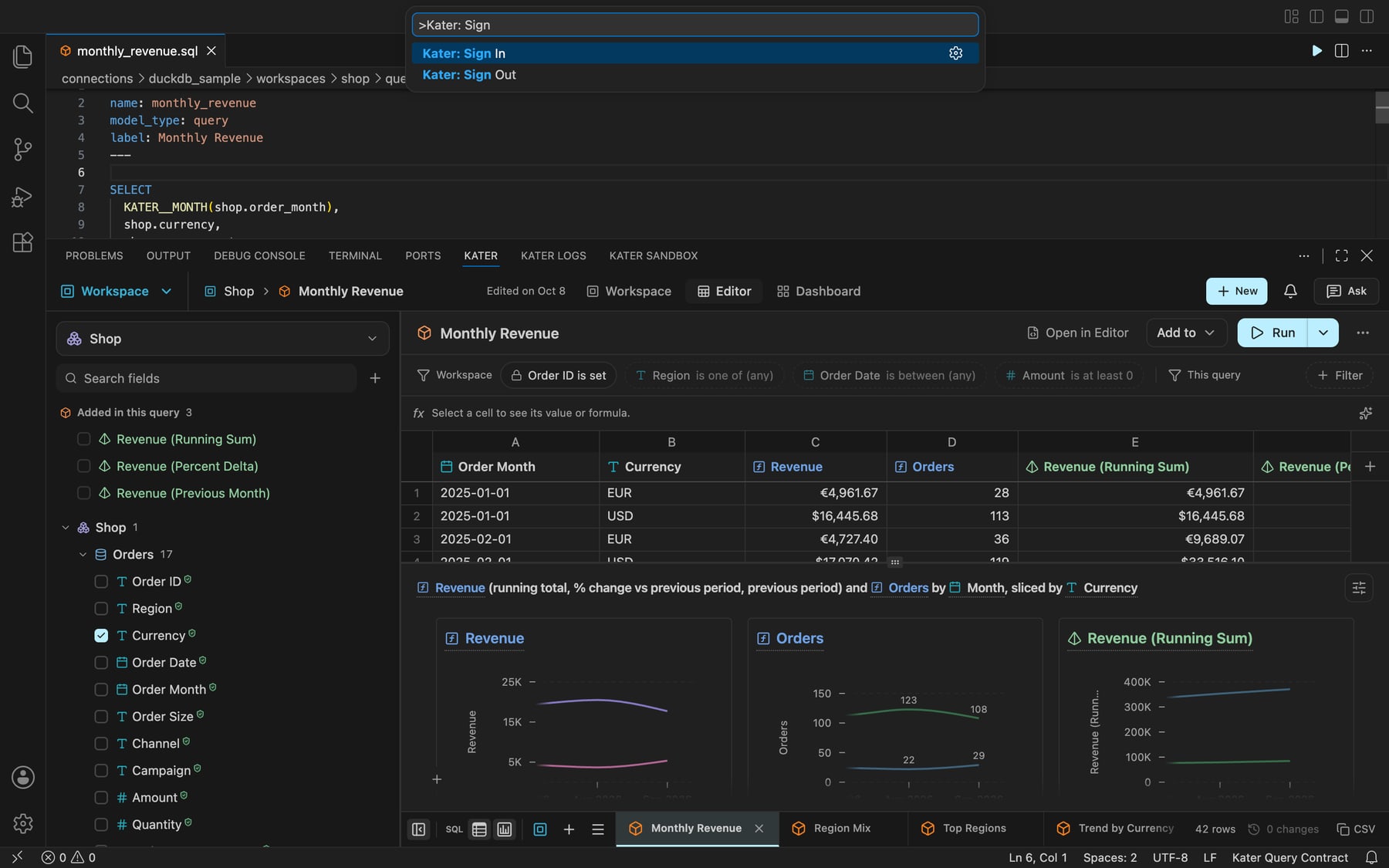 VS Code with the command palette open. The search box says Kater: Sign, and the list shows Kater: Sign In and Kater: Sign Out. The Kater panel below shows the Monthly Revenue query.