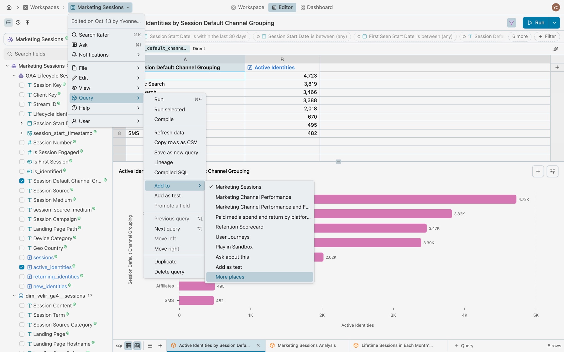 The workspace name's menu with Query and then Add to open: Marketing Sessions ticked, the apps Marketing Channel Performance, Paid media spend and return by platform, Retention Scorecard and User Journeys, then Play in Sandbox, Ask about this, Add as test and More places