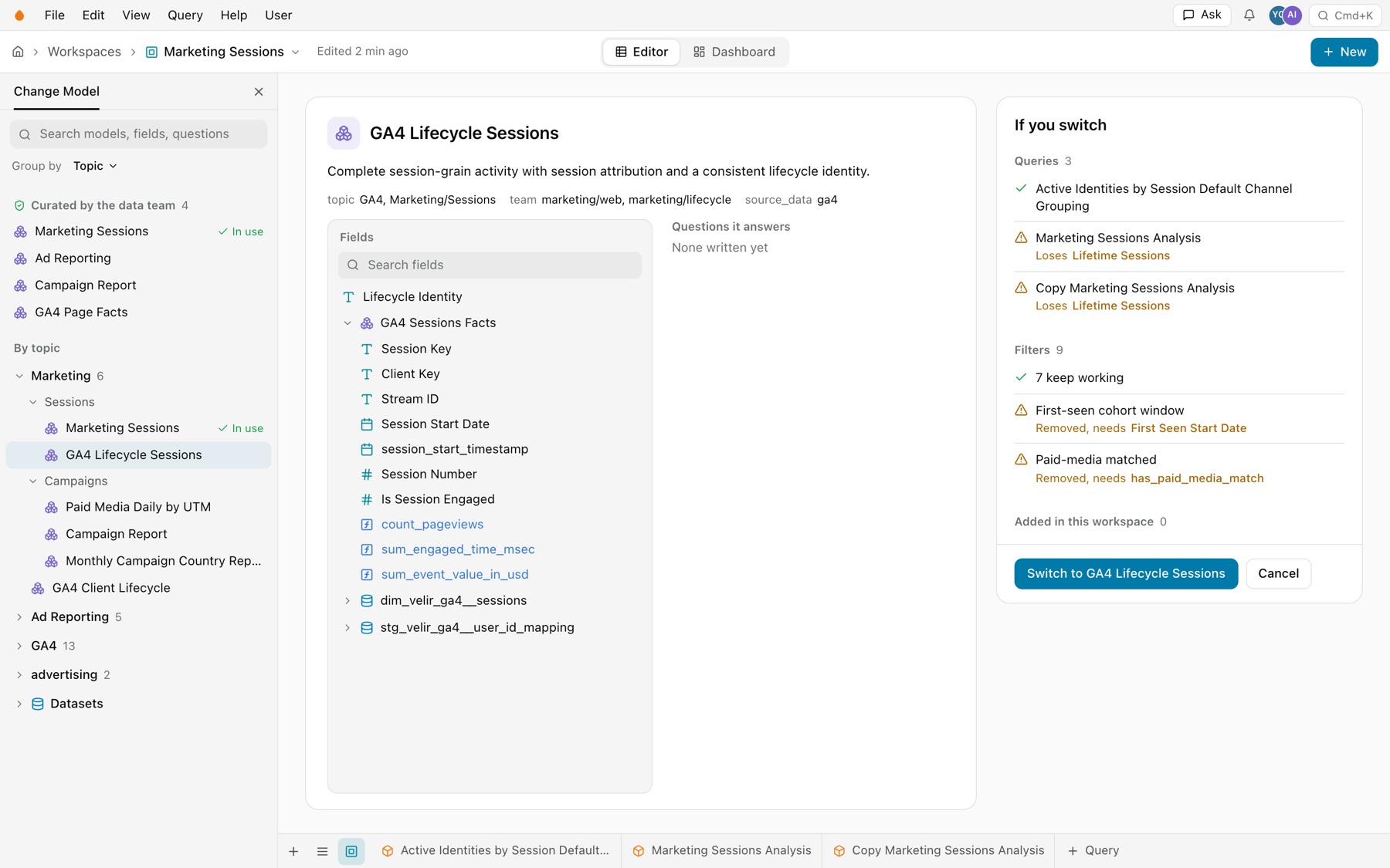 Change Model with GA4 Lifecycle Sessions selected: its preview, and If you switch listing two queries that lose Lifetime Sessions, 7 filters that keep working, two filters that are removed, and the Switch to GA4 Lifecycle Sessions and Cancel buttons