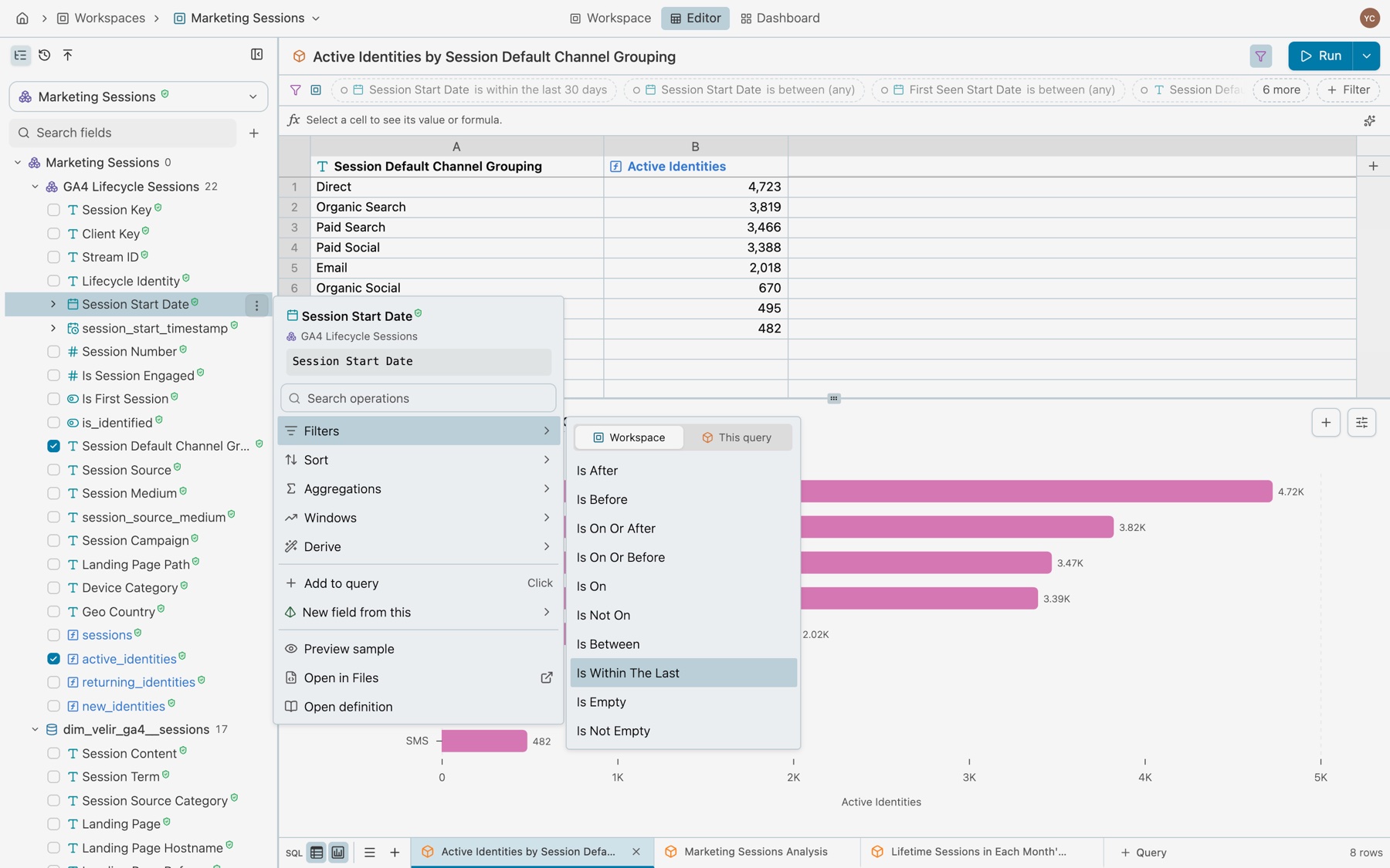 The menu on Session Start Date in the field list, with Filters open: Workspace selected beside This query, then Is After, Is Before, Is Within The Last and the other date conditions