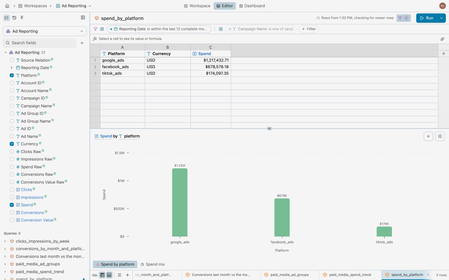 The Ad Reporting filter bar with Reporting Date is within the last 12 complete months on, with its dot, and Campaign Name is one of (any) off, dashed with a ring, over the rows of spend_by_platform