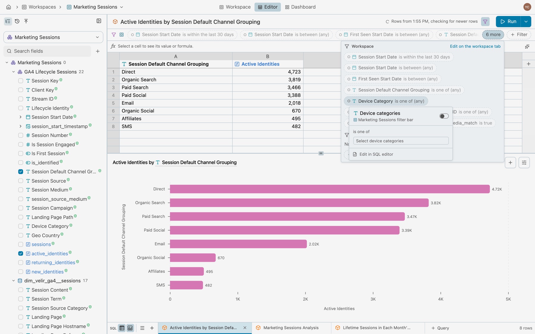 The popover of the Device Category pill, opened from the list under 6 more: Device categories, Marketing Sessions filter bar, the switch off, is one of, Select device categories, and Edit in SQL editor
