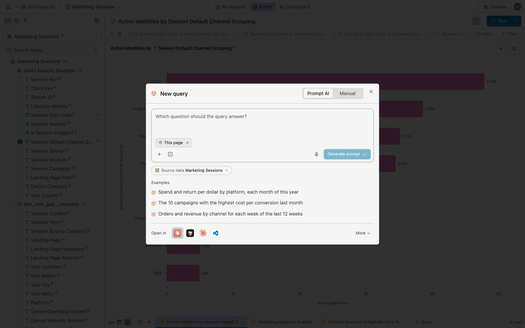 The New query dialog on its Prompt AI tab, with the box Which question should the query answer?, This page, Generate prompt and Source data Marketing Sessions