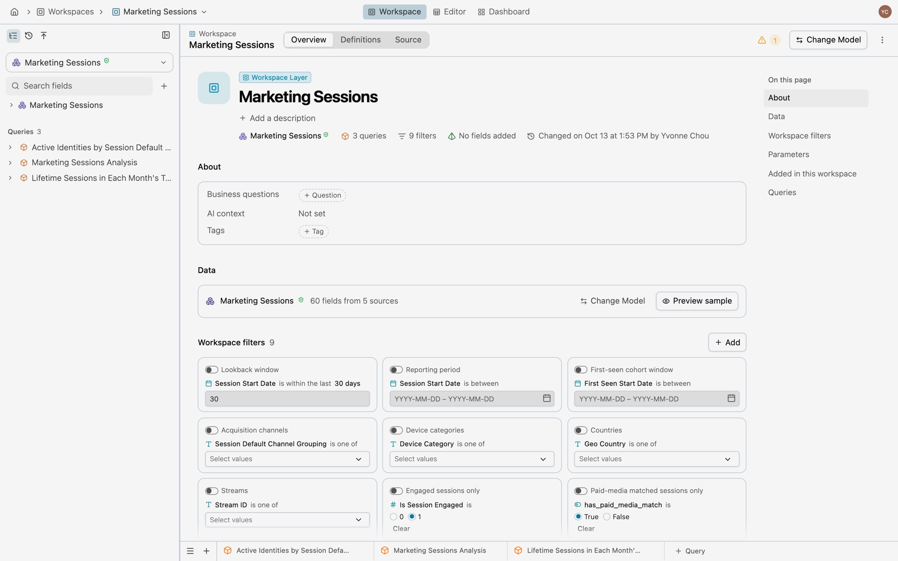 The Marketing Sessions overview: the bar with Overview, Definitions and Source, a problems mark, Change Model and More; the title block with Add a description and its facts; the About and Data sections; and nine Workspace filters as cards with switches