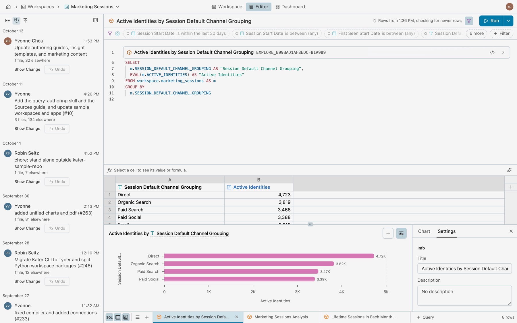 The Marketing Sessions workspace opened as it was left: the History tab in the sidebar, the SQL editor over the rows, the rows and the chart, the chart panel open on its Settings tab, and the toolbar saying Rows from 1:36 PM, checking for newer rows