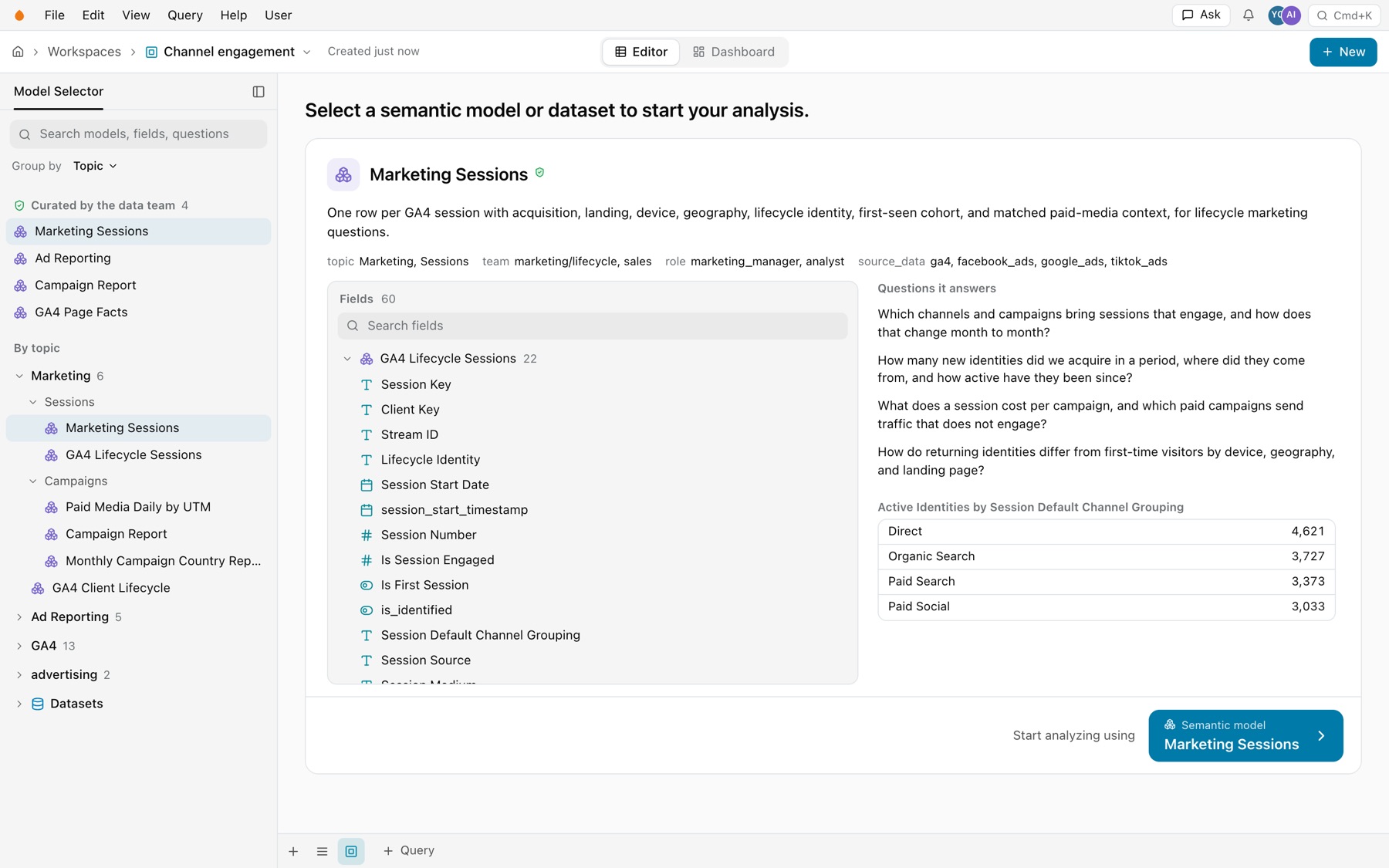 The Marketing Sessions preview: description, tags, 60 fields grouped by source, Questions it answers, a sample table of Active Identities by channel, and the Start analyzing using button with Semantic model and Marketing Sessions